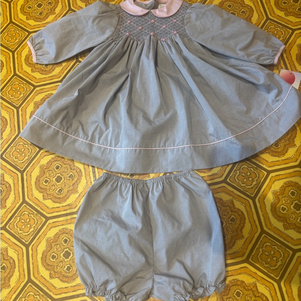 Easter! NWT vintage inspired smocked Petit Ami Gray and Pink Diaper Cover 6 mon
